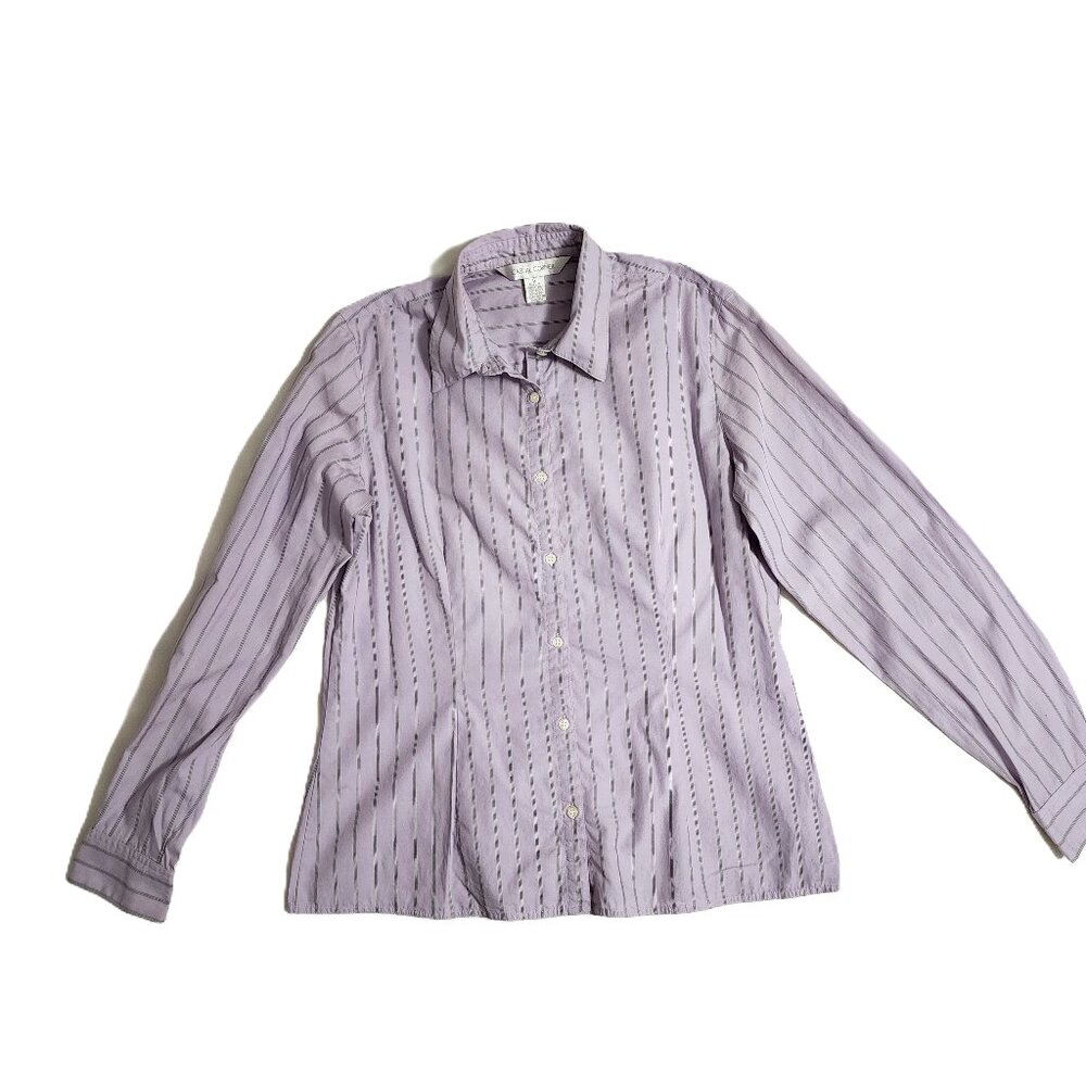 Casual Corner Women Dusty Lavender PinStripe 100%Cotton Collared Long Sleeve Sz6